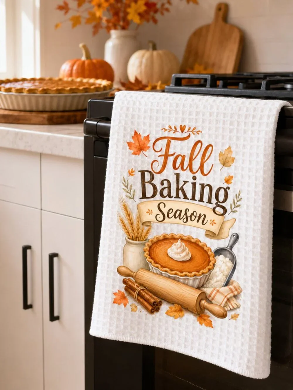 Fall Baking Season Kitchen Towel, Pumpkin Pie Tea Towel, Fall Dish Towel
